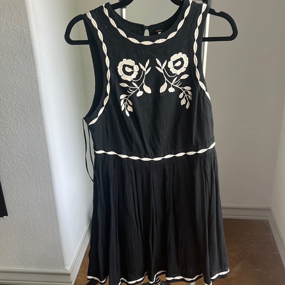 Free People Birds of a Feather Black Embroidered Mini Dress